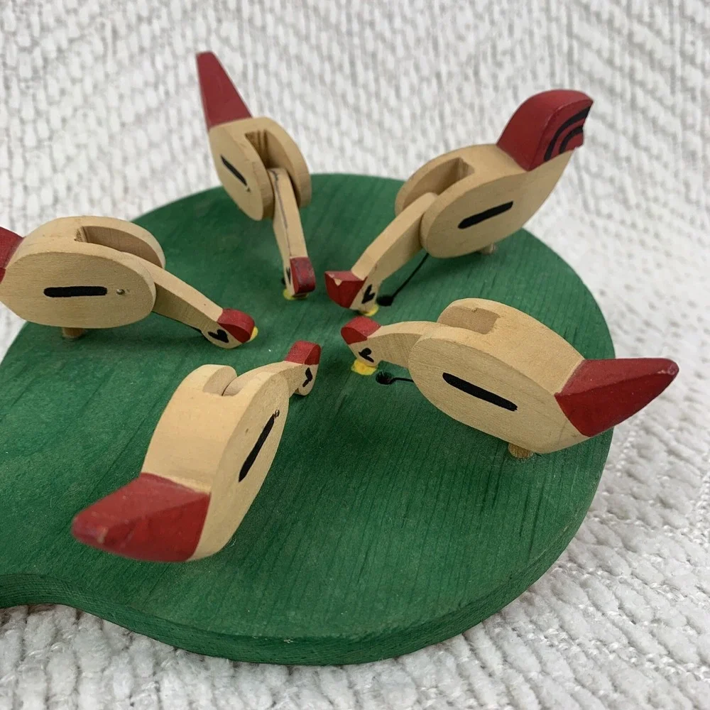 Folk Art Hand Painted Wooden Handmade Vintage Pecking Chickens Motion Paddle Toy